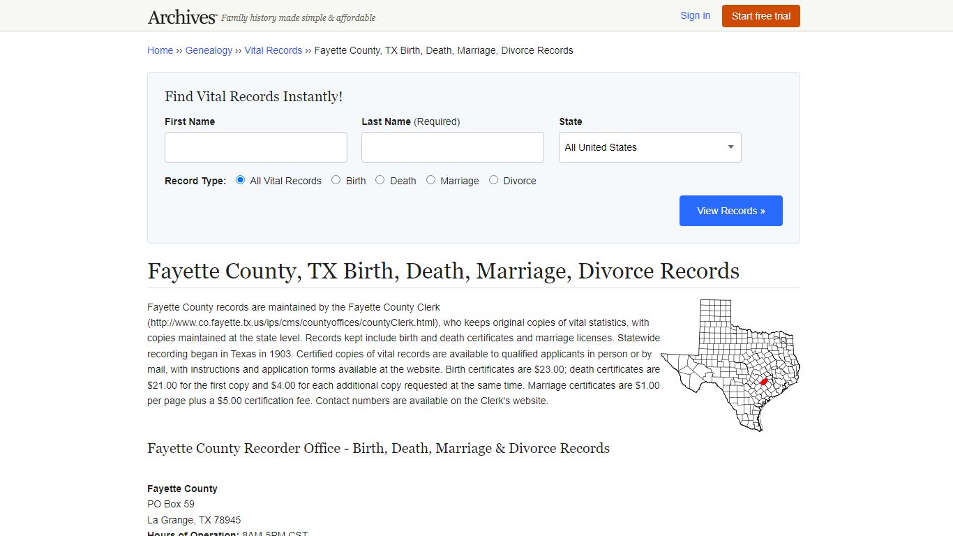 Fayette County, TX Birth, Death, Marriage, Divorce Records - Archives.com